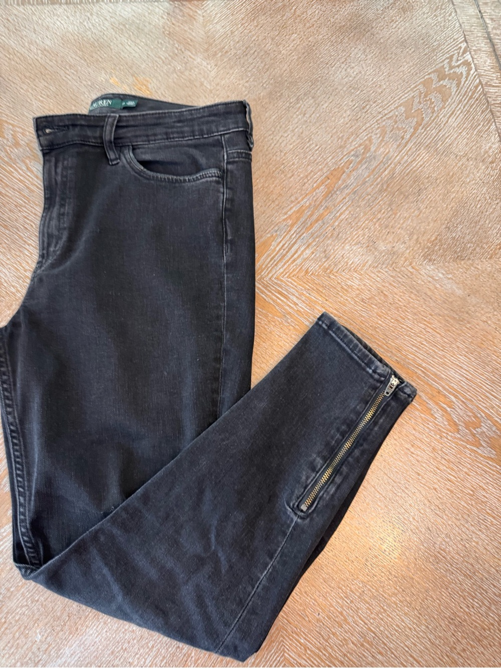 Lauren Ralph Lauren Black Denim Pants Sz 14 Waist 36” Inseam 26” Side Zipper